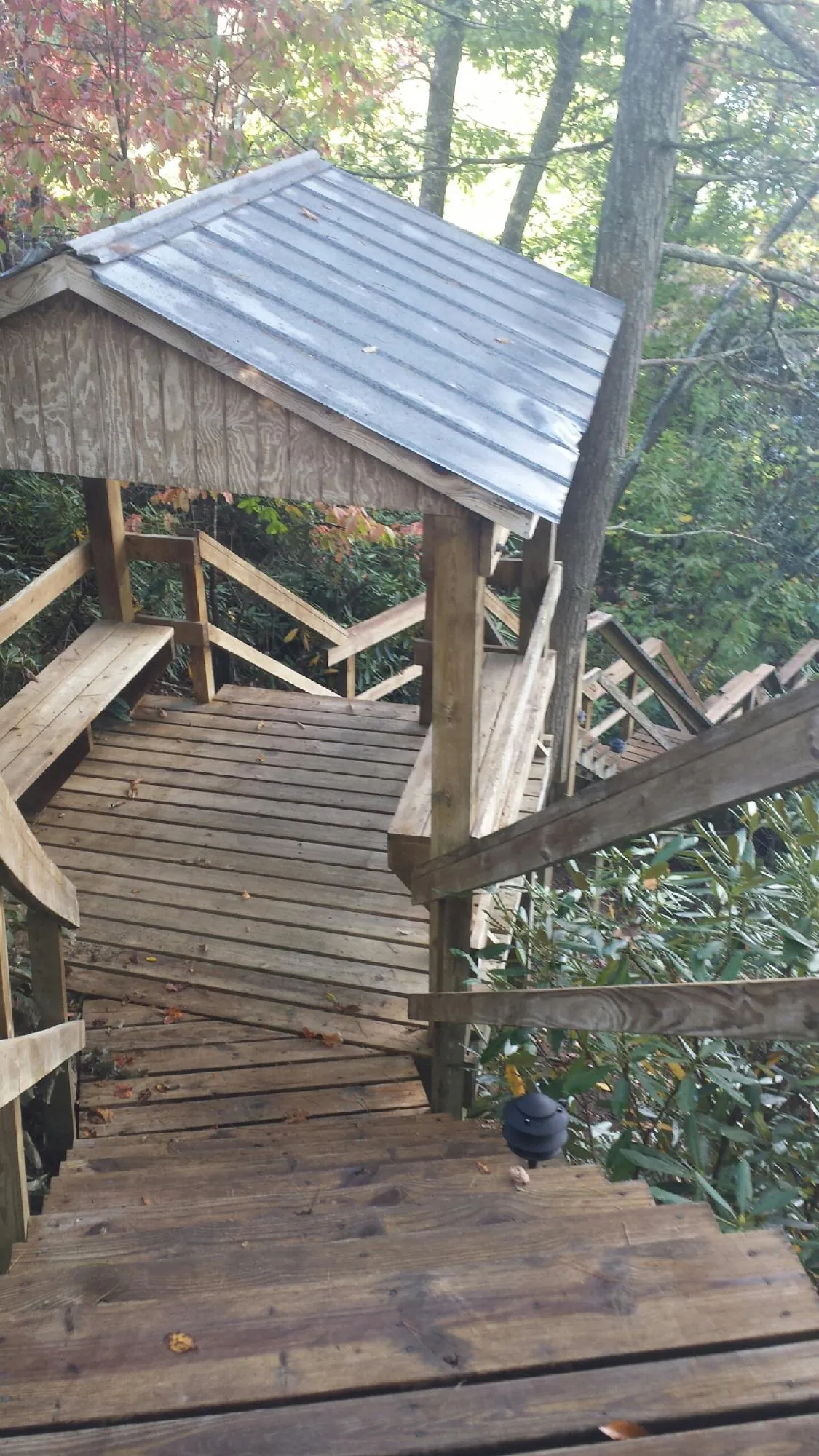 Metal roofed shelter over wooden steps on a wooded walkway — Skylight Repair & Installation work by our crew in Twin City